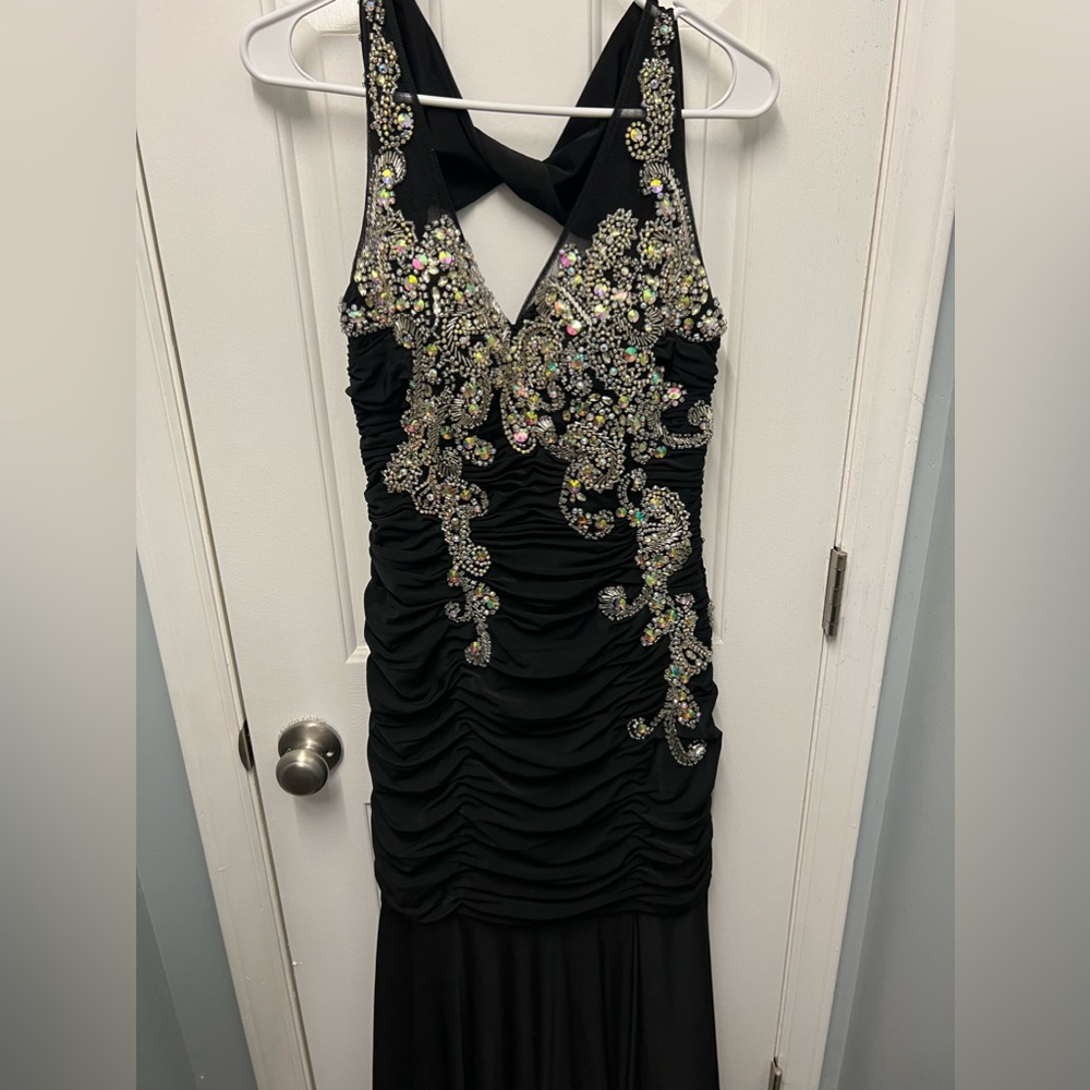 Beaded black open back ruched prom dress. Size 8